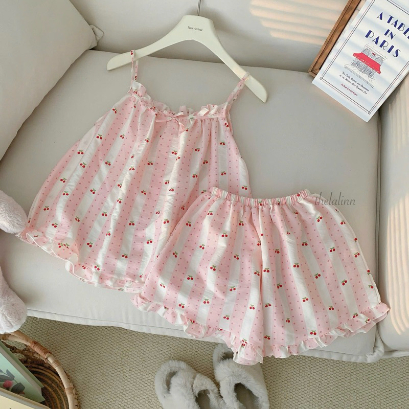 [ẢNH THẬT] Set pijama đũi hàn 2 dây mềm mại hoạ tiết xinh xắn. Bộ ngủ nữ đũi cotton dây mùa hè