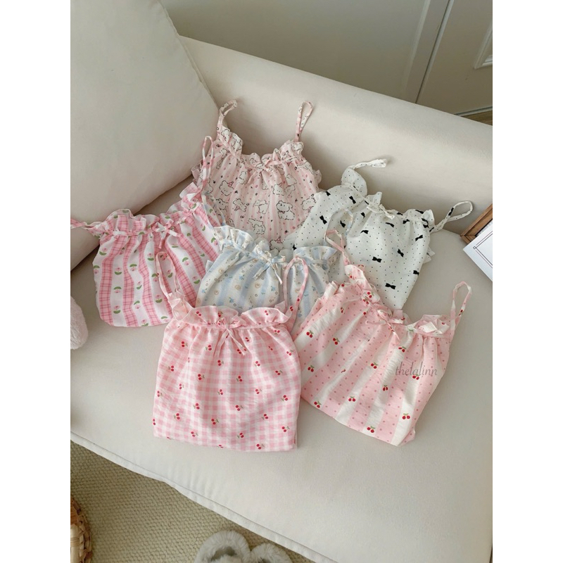 [ẢNH THẬT] Set pijama đũi hàn 2 dây mềm mại hoạ tiết xinh xắn. Bộ ngủ nữ đũi cotton dây mùa hè