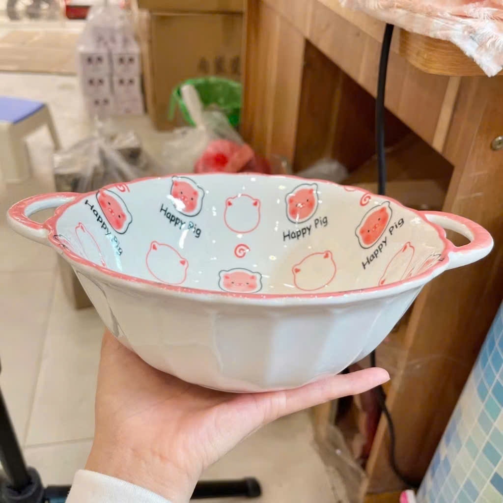 Bát sứ ăn cơm kèm thìa họa tiết Heo Hồng Cực Đáng yêu Cho Bé