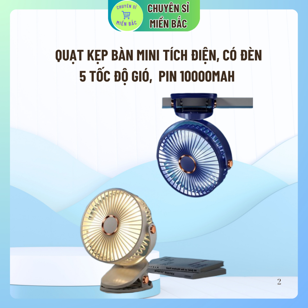 Quạt Kẹp Bàn Mini Tích Điện Kết Hợp Đèn Ngủ Pin 3000mAh 5 TỐC ĐỘ GIÓ