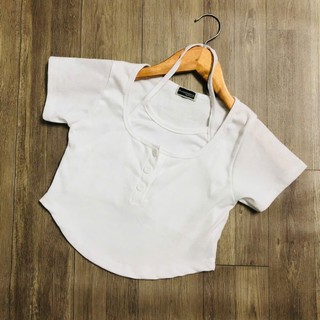 Áo Croptop Nữ Cổ Yếm Tay Ngắn Cúc Cài Ôm Body Bozip Dày Chất Vải Thun WAC004