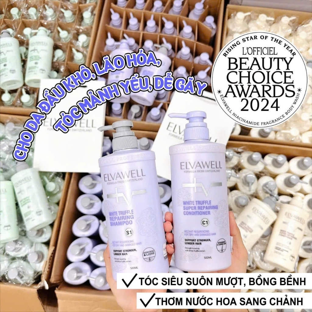 Cặp Dầu Gội Xả ELVAWELL Giúp Giảm Rụng Tóc, Ngăn Gàu, Kiềm Dầu, Phục Hồi Hư Tổn 500ml-1000ml