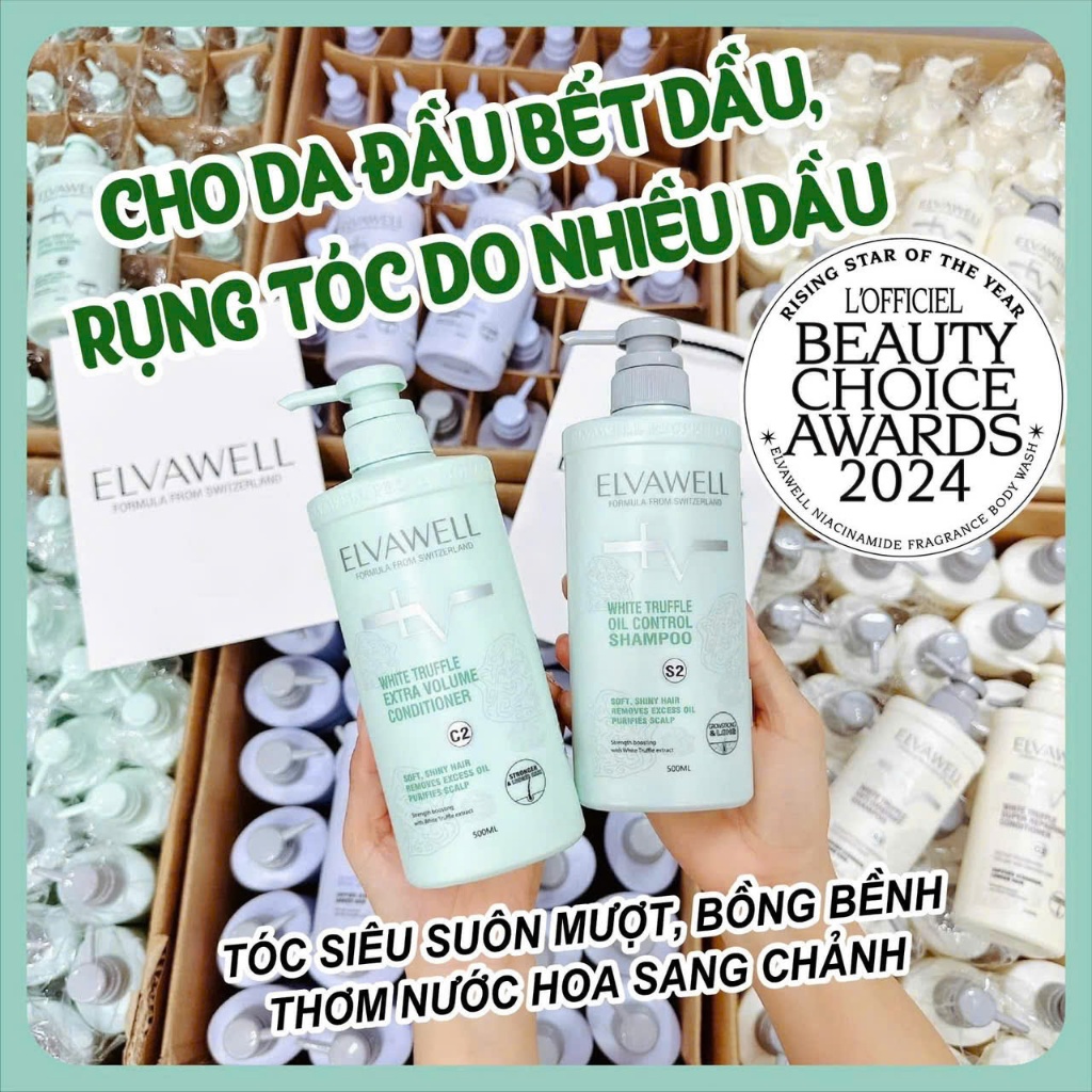 Cặp Dầu Gội Xả ELVAWELL Giúp Giảm Rụng Tóc, Ngăn Gàu, Kiềm Dầu, Phục Hồi Hư Tổn 500ml-1000ml