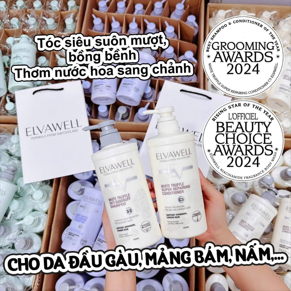 Cặp Dầu Gội Xả ELVAWELL Giúp Giảm Rụng Tóc, Ngăn Gàu, Kiềm Dầu, Phục Hồi Hư Tổn 500ml-1000ml