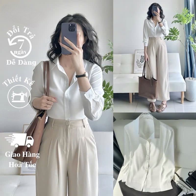 Áo sơ mi nữ màu trắng dài tay form rộng công sở kiểu Hàn Quốc chất mịn AS2