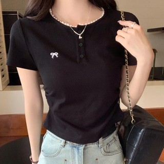 Áo Kiểu Nữ Thêu Nơ Cổ Ren Tròn Tay Ngắn Cúc Cài Nhún Eo Ôm Body Bozip Dày Chất Vải Thun WAK007