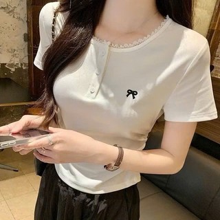 Áo Kiểu Nữ Thêu Nơ Cổ Ren Tròn Tay Ngắn Cúc Cài Nhún Eo Ôm Body Bozip Dày Chất Vải Thun WAK007