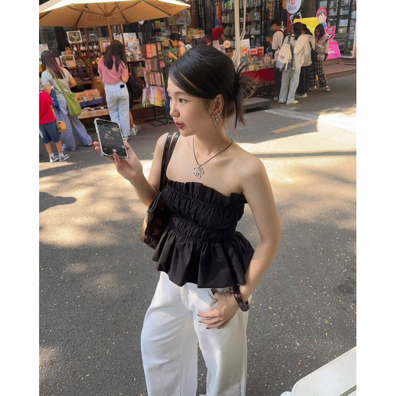 BOGI TOP Áo Ống xếp ly nhún gân tôn vòng 1 kết hợp xoè nhè cực xinh, áo kiểu xoè nhẹ - Gem Boutique