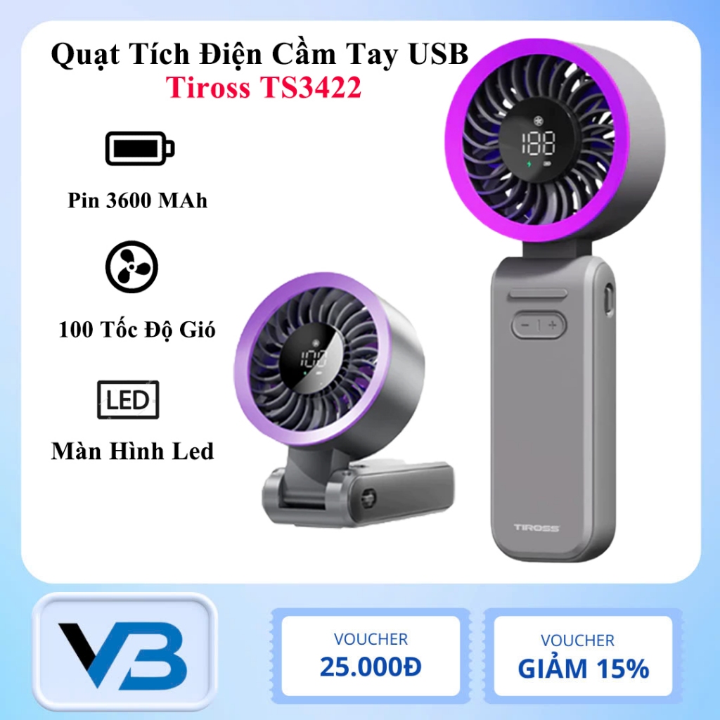 Quạt Tích Điện Cầm Tay USB Tiross TS3422 , Pin 3600mAh, 100 Mức Độ Gió ...
