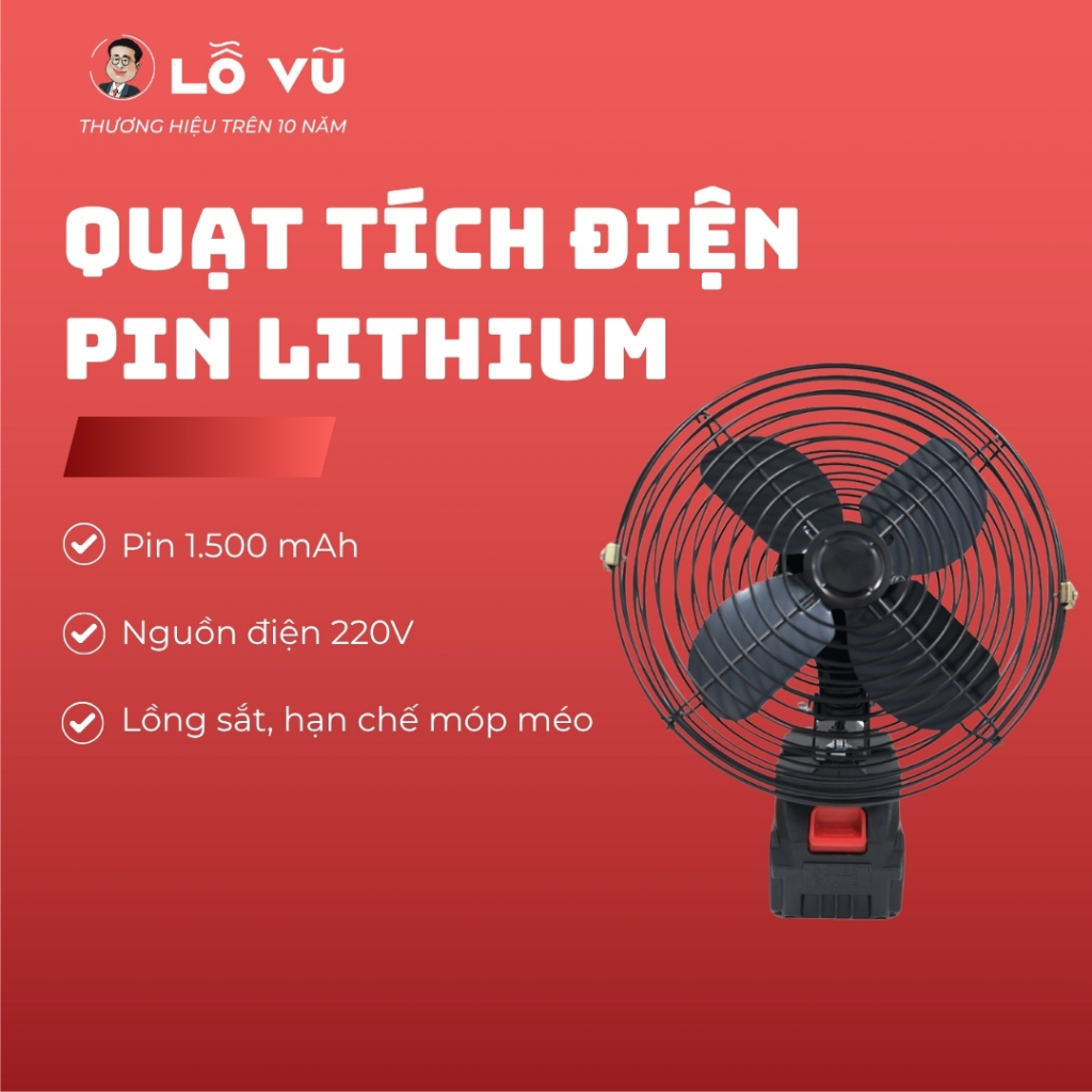 Quạt tích điện pin Lithium, Pin 1.500 mAh, Lồng sắt, Bảo hành lỗi 1 đổi ...