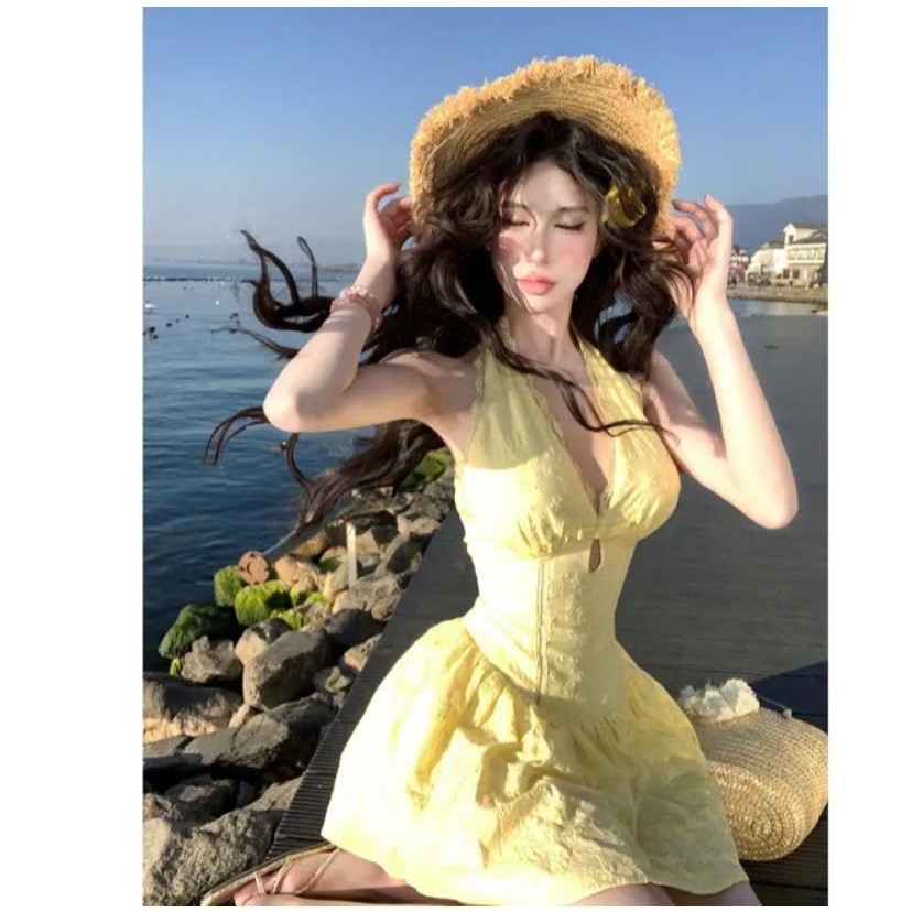 Đầm Cổ Yếm Đi Biển, Đầm Váy Thiết Kế Dáng Xoè Chất Ren Xịn Mịn Dáng Ngắn Cho Nàng Mặc Đi Du Lịch, Đi Biển Tiểu Thư