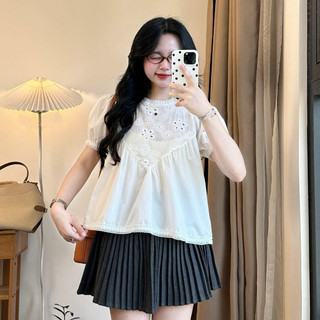 Áo Babydoll Sơ Mi Tay Phồng Phối Hoa Thêu 247store  Phong Cách Ulzzang Bbd691