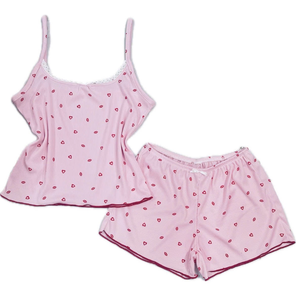 Set bộ ngủ Môi Tim nữ áo 2 dây phối ren, nơ và quần bèo [XmFamily] chất thun tăm mịn mát, đồ bộ ngủ 2 dây trendy