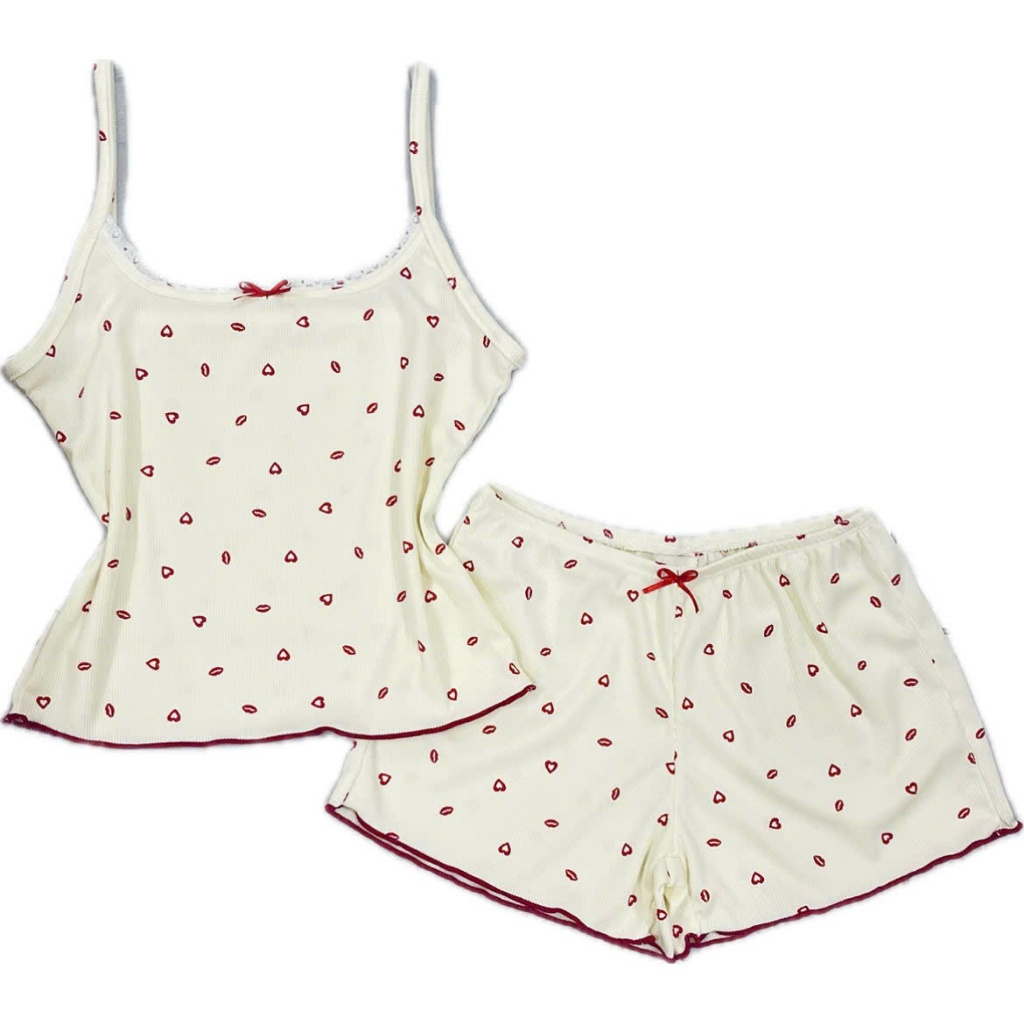 Set bộ ngủ Môi Tim nữ áo 2 dây phối ren, nơ và quần bèo [XmFamily] chất thun tăm mịn mát, đồ bộ ngủ 2 dây trendy