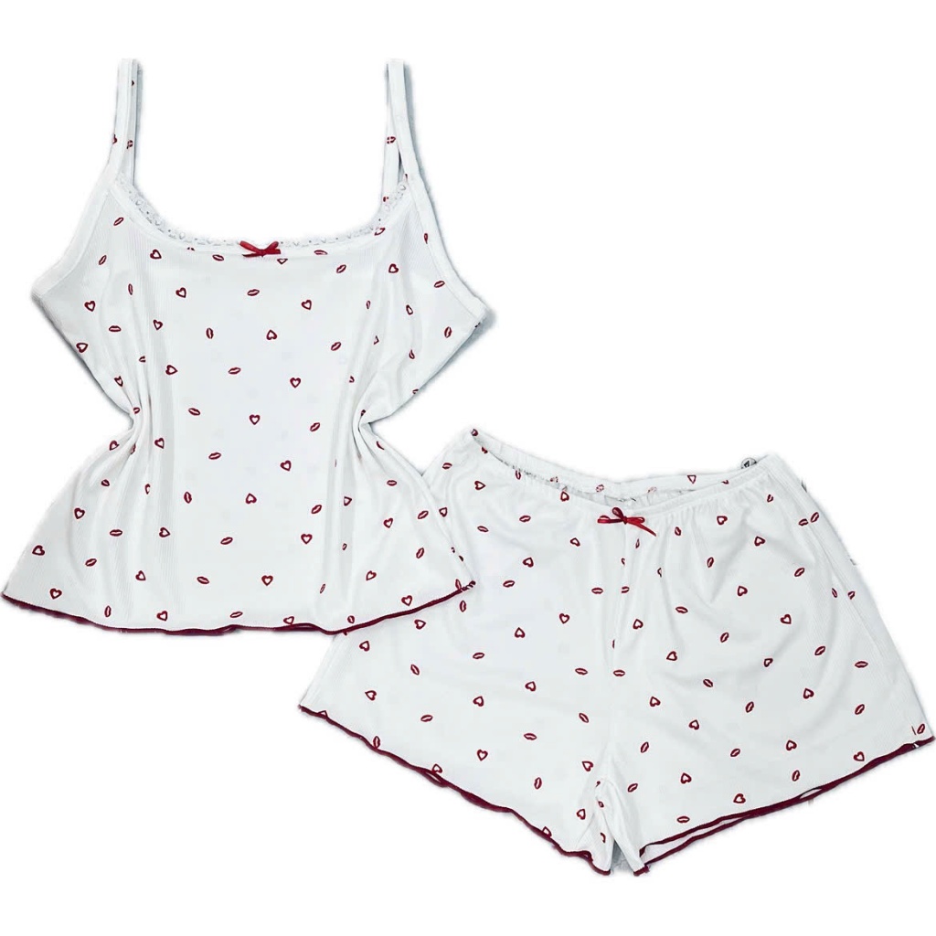 Set bộ ngủ Môi Tim nữ áo 2 dây phối ren, nơ và quần bèo [XmFamily] chất thun tăm mịn mát, đồ bộ ngủ 2 dây trendy
