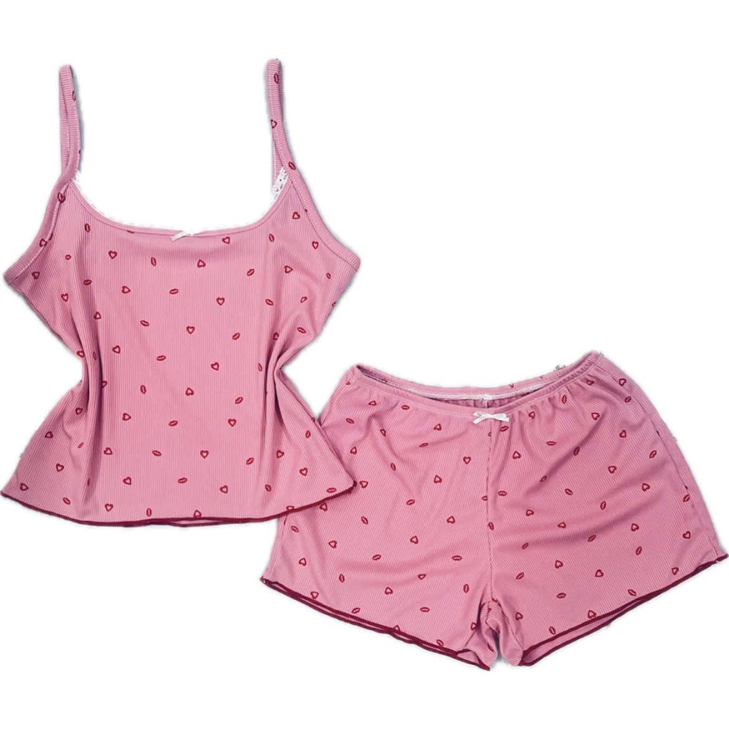 Set bộ ngủ Môi Tim nữ áo 2 dây phối ren, nơ và quần bèo [XmFamily] chất thun tăm mịn mát, đồ bộ ngủ 2 dây trendy