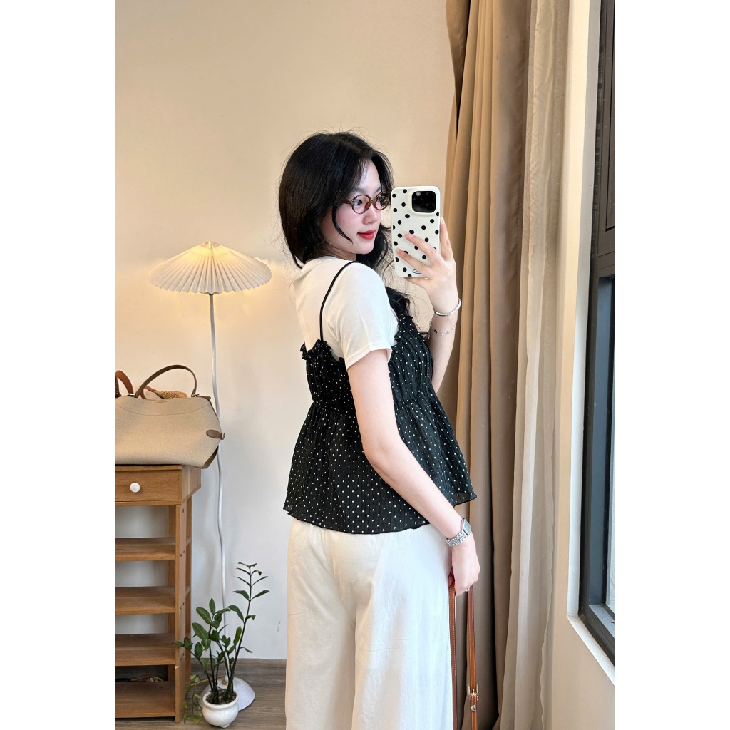 Sét áo phông mix yếm bèo chấm bi  2 chi tiết hottrend mùa hè Joolate 289-290