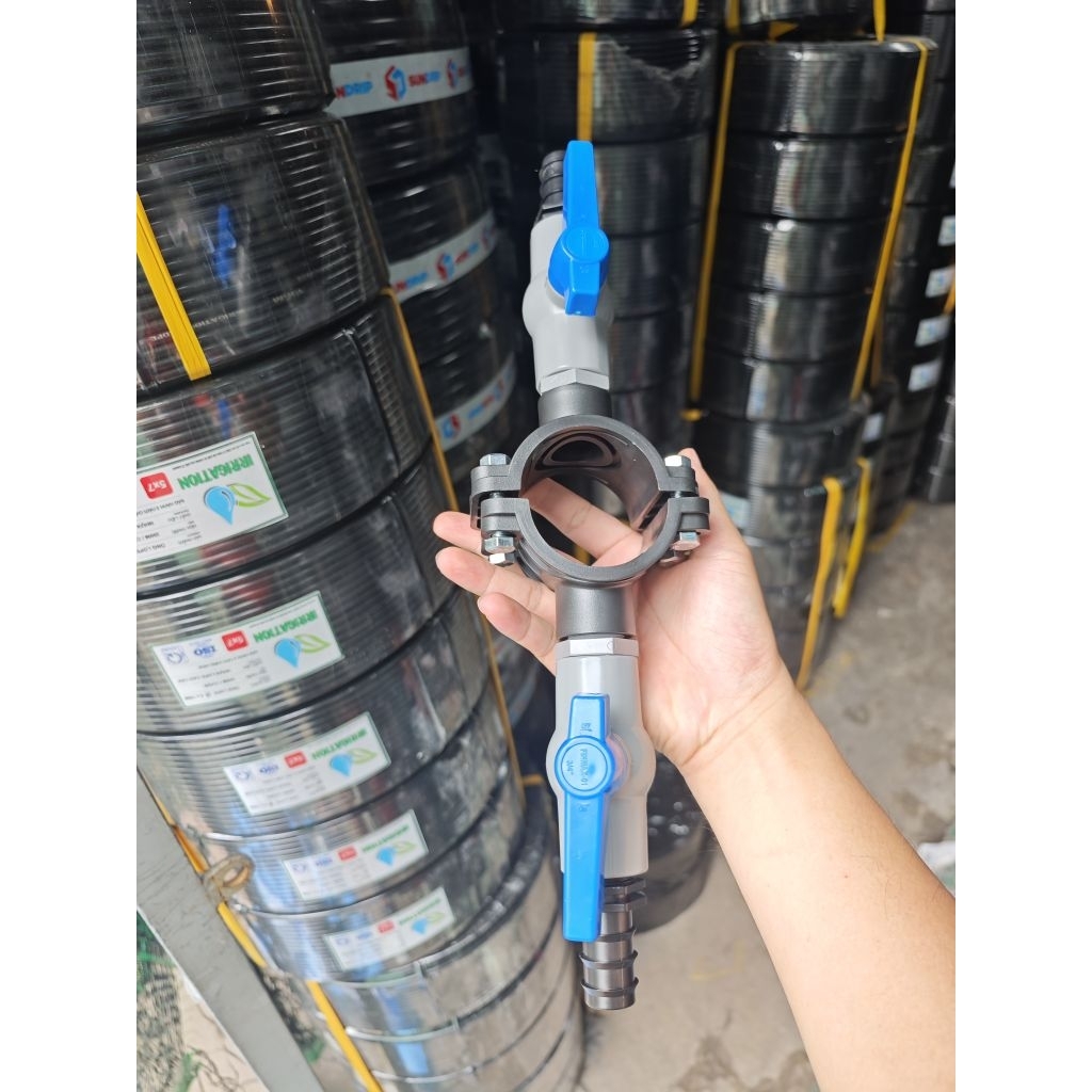 Bộ đai khởi thủy 63 ra 27 , đai 50 ra 27 PVC kèm văn PVC 27 ren nối ldpe 25mm như Hình màu sắc van tùy lô