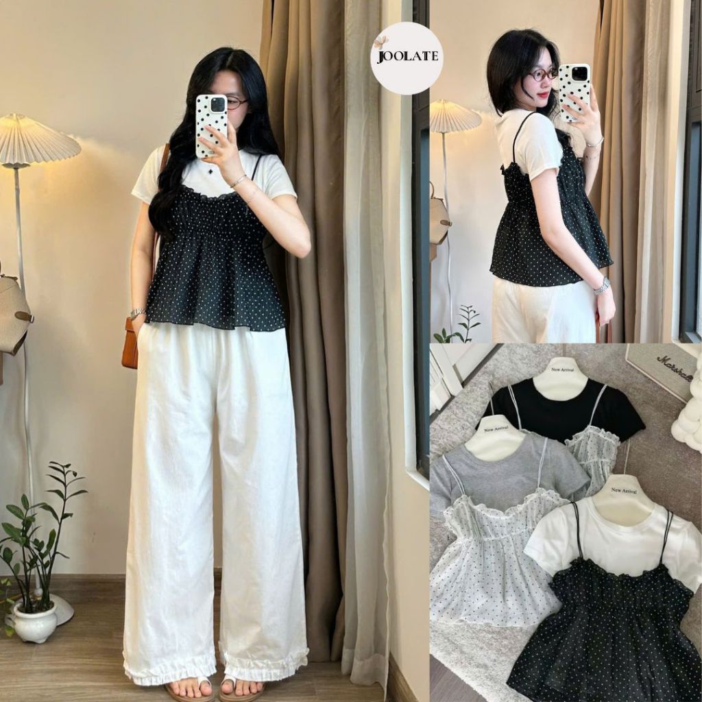 Sét áo phông mix yếm bèo chấm bi  2 chi tiết hottrend mùa hè Joolate 289-290