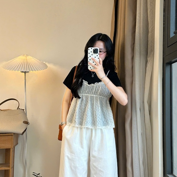 Sét áo phông mix yếm bèo chấm bi  2 chi tiết hottrend mùa hè Joolate 289-290