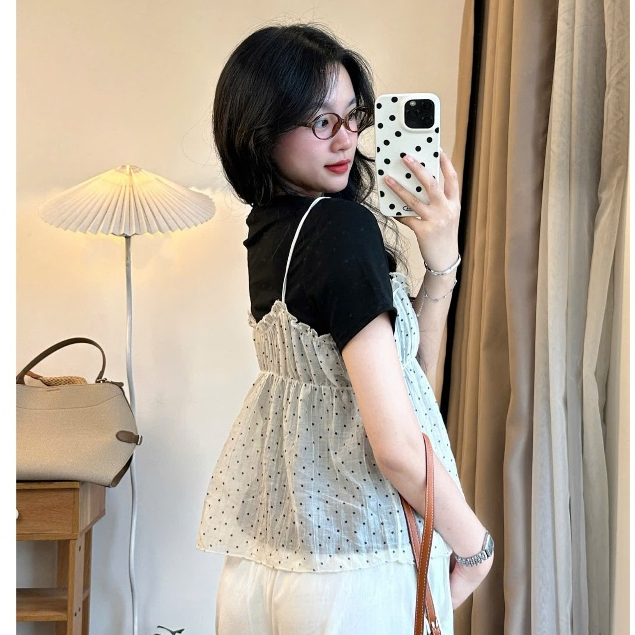 Sét áo phông mix yếm bèo chấm bi  2 chi tiết hottrend mùa hè Joolate 289-290