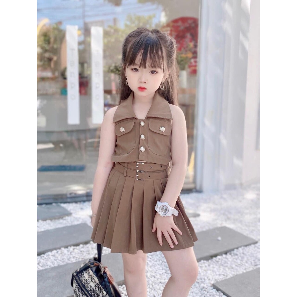 Sét 2 món áo sát nách chân váy ngắn xếp li cho mẹ và bé gái 12-55kg,sét xếp li váy ngắn bé gái phong cách Hàn Quốc