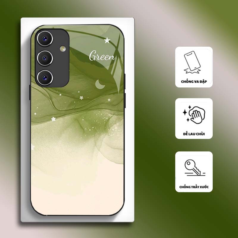 Ốp Lưng cho SAMSUNG A15, A25, A35, A55 Mặt kính cường lực, cao cấp HOẠ TIẾT HOA GREEN