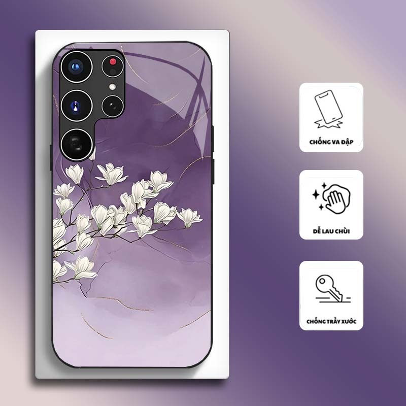 Ốp Lưng cho SAMSUNG S22 ULTRA, S23 ULTRA, S24 ULTRA, S25 ULTRA Mặt kính cường lực, cao cấ HOẠ TIẾT HOA  CẨM THẠCH