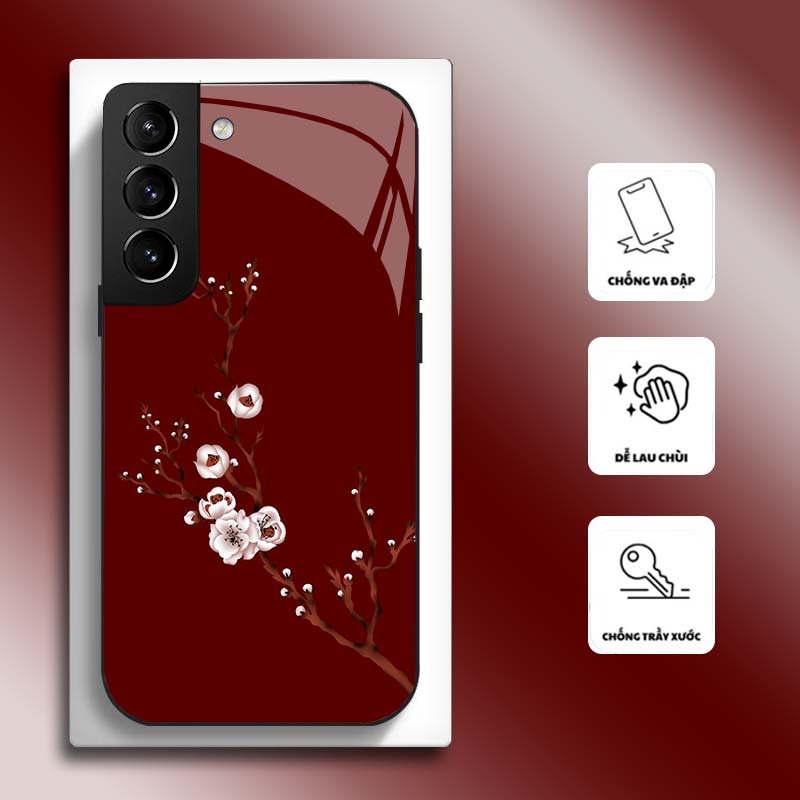 Ốp Lưng cho SAMSUNG S21, S21+, S21 FE Mặt kính cường lực, cao cấp HOẠ TIẾT HOA  CẨM THẠCH