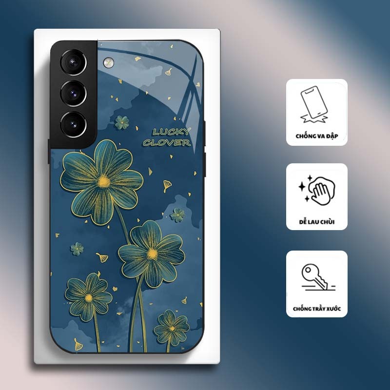 Ốp Lưng cho SAMSUNG S21, S21+, S21 FE Mặt kính cường lực, cao cấp HOẠ TIẾT HOA  CẨM THẠCH