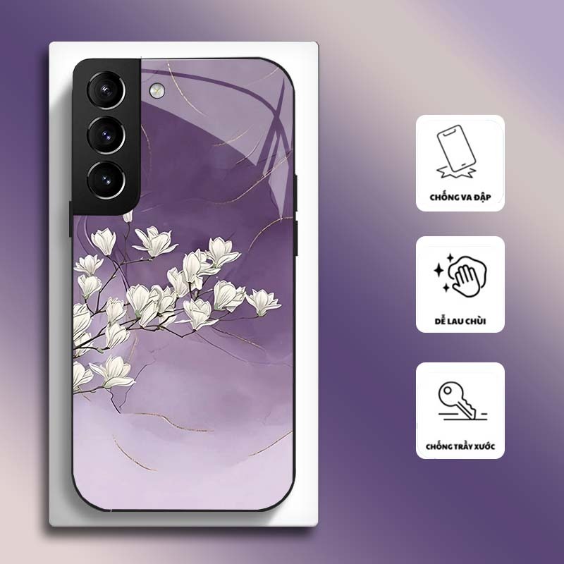Ốp Lưng cho SAMSUNG S21, S21+, S21 FE Mặt kính cường lực, cao cấp HOẠ TIẾT HOA  CẨM THẠCH