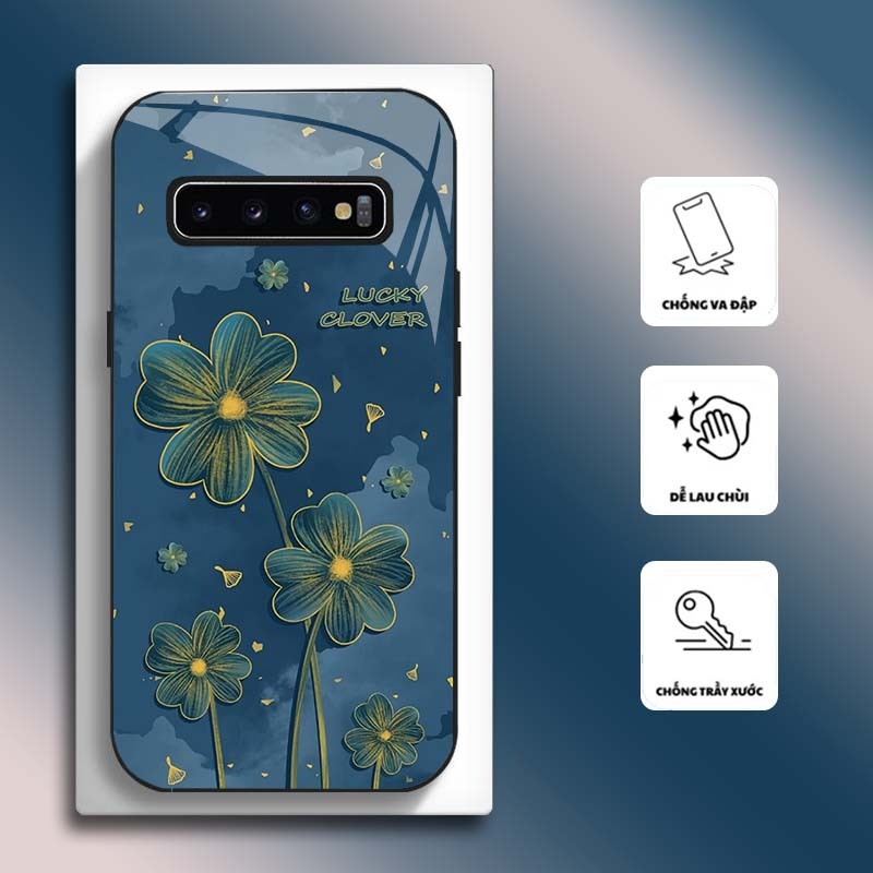 Ốp Lưng cho SAMSUNG S10, S10E, S10+, S10 5G Mặt kính cường lực, cao cấp HOẠ TIẾT HOA GREEN