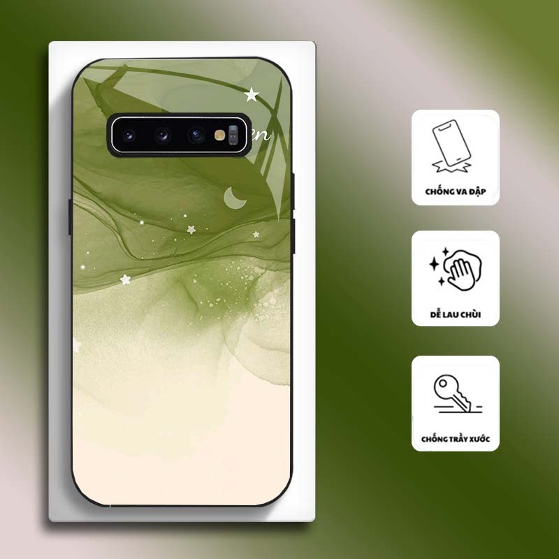 Ốp Lưng cho SAMSUNG S10, S10E, S10+, S10 5G Mặt kính cường lực, cao cấp HOẠ TIẾT HOA GREEN