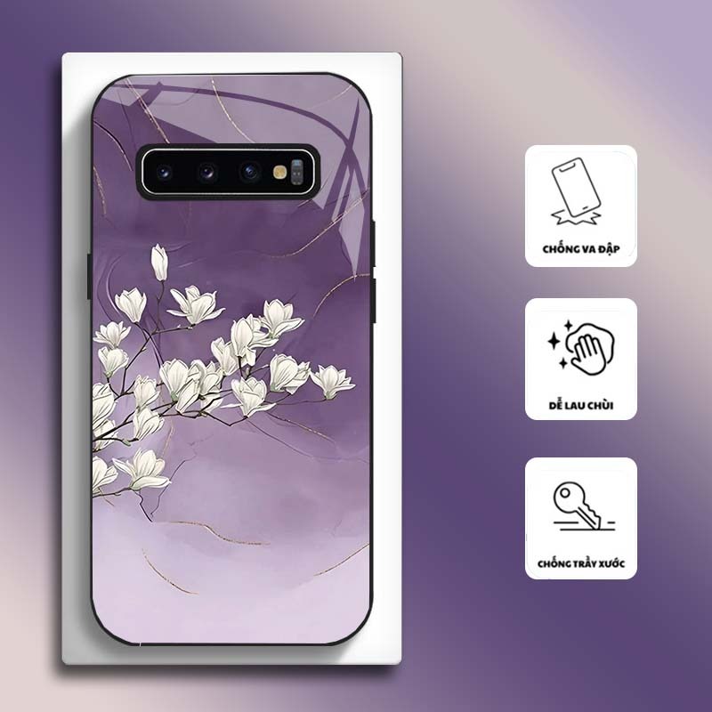 Ốp Lưng cho SAMSUNG S10, S10E, S10+, S10 5G Mặt kính cường lực, cao cấp HOẠ TIẾT HOA GREEN