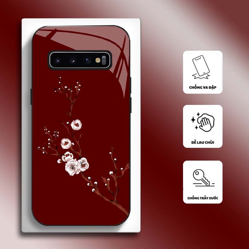 Ốp Lưng cho SAMSUNG S10, S10E, S10+, S10 5G Mặt kính cường lực, cao cấp HOẠ TIẾT HOA GREEN