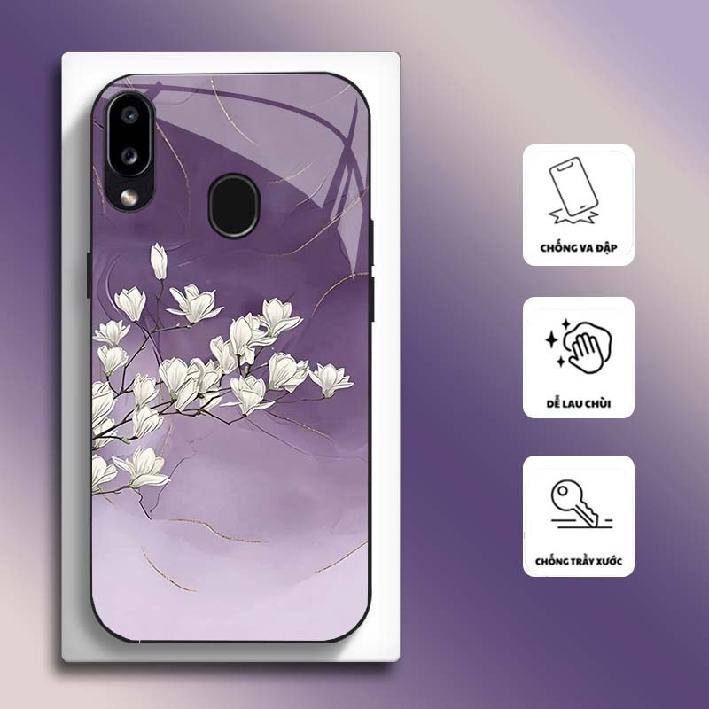 Ốp Lưng cho SAMSUNG M20, A20, A30 Mặt kính cường lực, cao cấp HOẠ TIẾT HOA GREEN