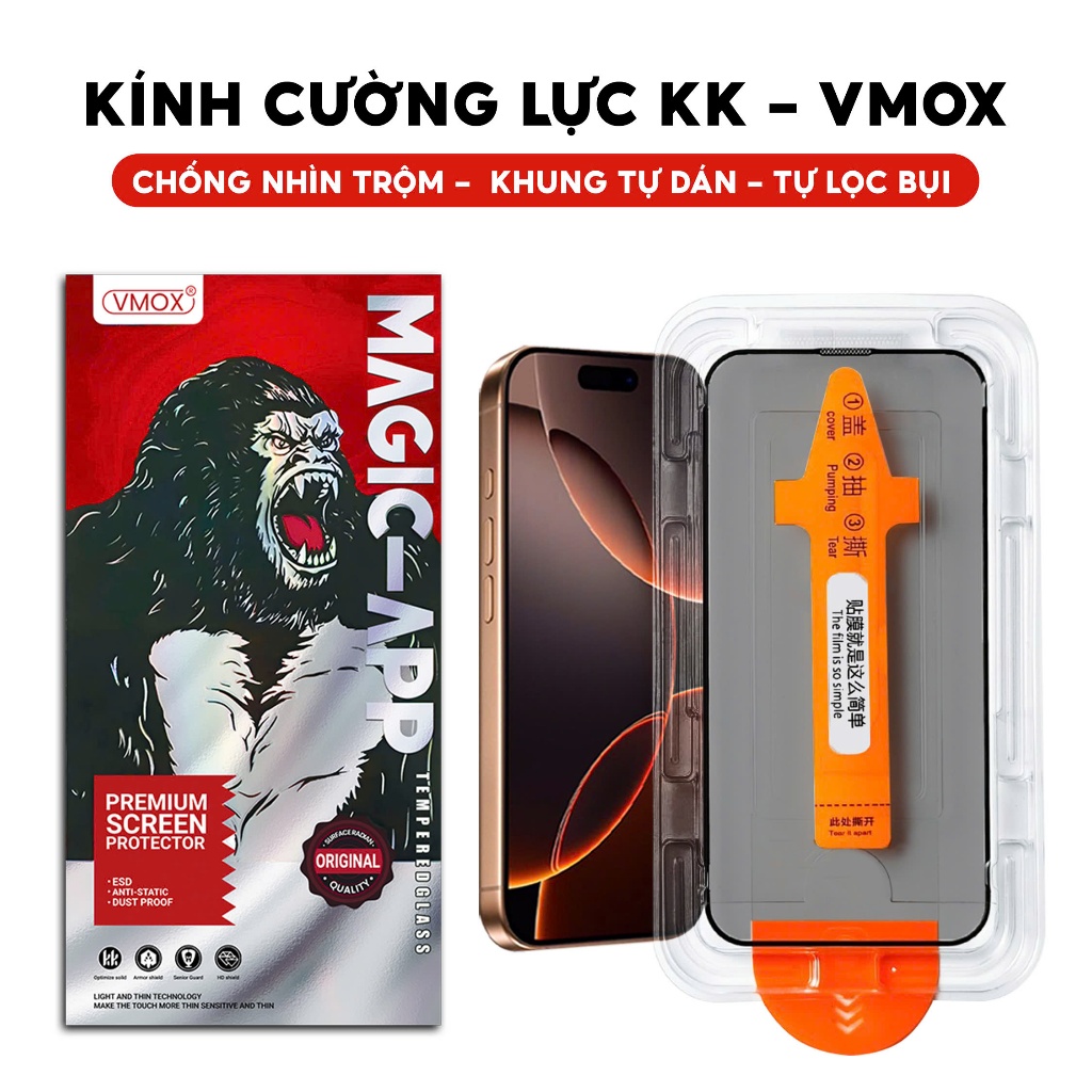 Cường Lực iPhone KK VMOX Tự Dán Tự Hút Bụi, Chống Nhìn Trộm Full Màn - iPhone X/XS/XR/11/12/13/14/15/16/17/Pro/Max/Air