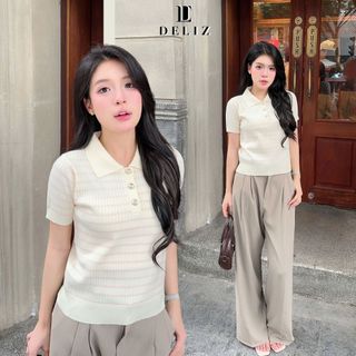 DELIZ - Áo len cộc tay mùa hè cho nữ phối cúc dáng polo cổ bẻ kẻ sọc ngang chất len lông thỏ PL34