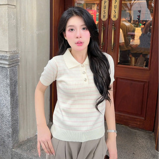DELIZ - Áo len cộc tay mùa hè cho nữ phối cúc dáng polo cổ bẻ kẻ sọc ngang chất len lông thỏ PL34