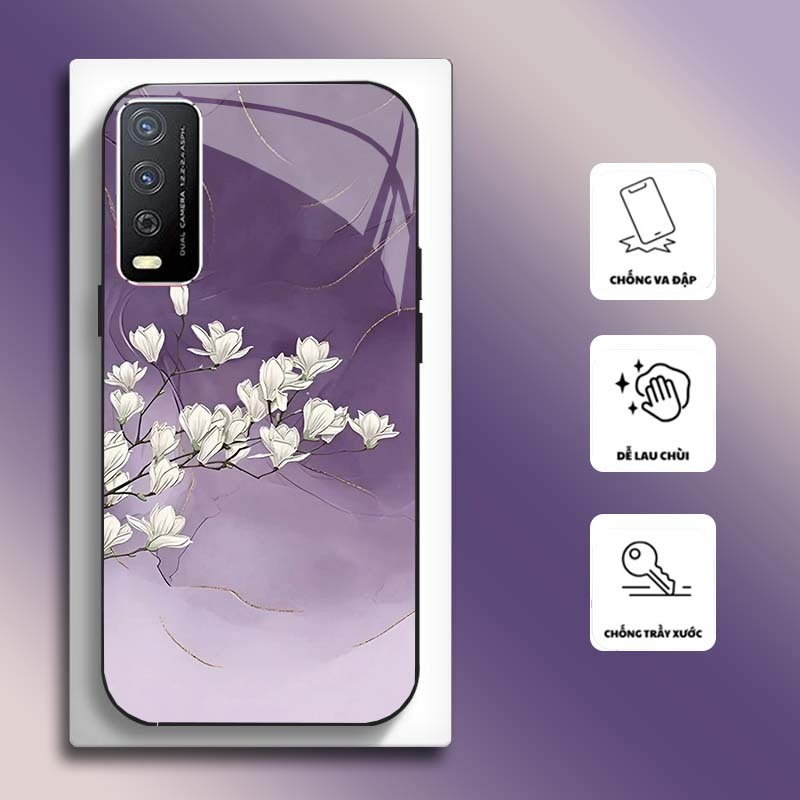 Ốp Lưng cho VIVO Y12S, Y20, Y20S Mặt kính cường lực, cao cấp HOẠ TIẾT HOA CẨM THẠCH
