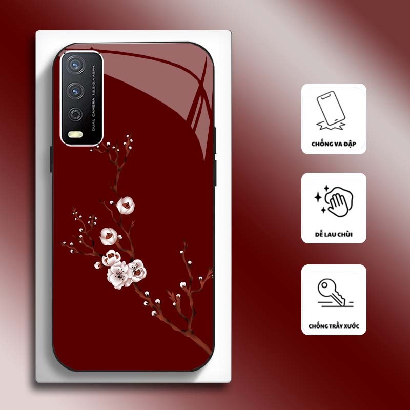 Ốp Lưng cho VIVO Y12S, Y20, Y20S Mặt kính cường lực, cao cấp HOẠ TIẾT HOA CẨM THẠCH