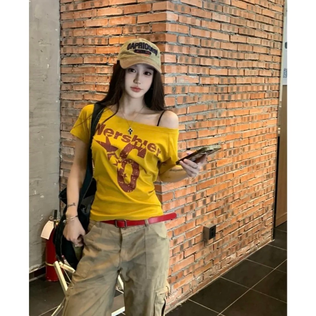(sẵn)Áo thun cộc tay trễ vai chữ mershier 4 màu vàng xanh than trắng ghi ATV010 - Tiktik