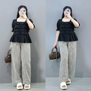SET Đồ Bigsize Nữ Áo Babydoll Tay Ngắn Cổ Vuông Kèm Quần Sọc Dài Chất Mềm Cho Chubby SM36+Q534