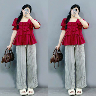 SET Đồ Bigsize Nữ Áo Babydoll Tay Ngắn Cổ Vuông Kèm Quần Sọc Dài Chất Mềm Cho Chubby SM36+Q534