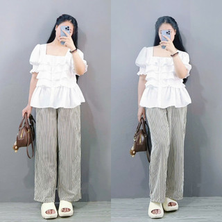 SET Đồ Bigsize Nữ Áo Babydoll Tay Ngắn Cổ Vuông Kèm Quần Sọc Dài Chất Mềm Cho Chubby SM36+Q534