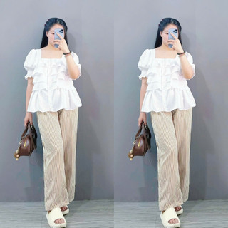 SET Đồ Bigsize Nữ Áo Babydoll Tay Ngắn Cổ Vuông Kèm Quần Sọc Dài Chất Mềm Cho Chubby SM36+Q534