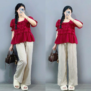 SET Đồ Bigsize Nữ Áo Babydoll Tay Ngắn Cổ Vuông Kèm Quần Sọc Dài Chất Mềm Cho Chubby SM36+Q534