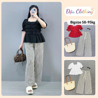 SET Đồ Bigsize Nữ Áo Babydoll Tay Ngắn Cổ Vuông Kèm Quần Sọc Dài Chất Mềm Cho Chubby SM36+Q534
