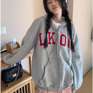 Áo hoodie nỉ thu đông kéo khóa chữ LKOO dáng rộng