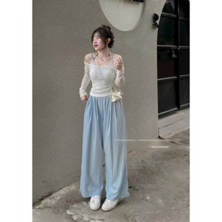 Set bộ nữ xinh xắn chất áo thun giấy tay dài trễ vai kèm áo lót mix quần đũi vân mây dài ống rộng thiết kế nữ tính